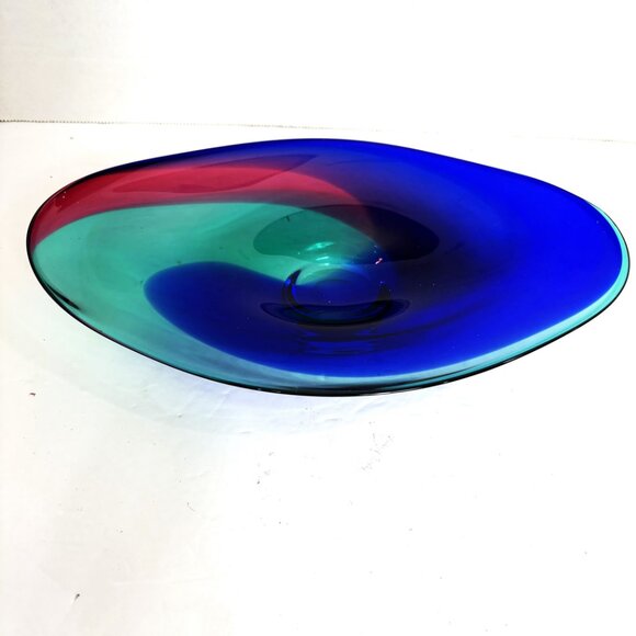 OOAK Hand Blown Tri Color Plate Rose – Blue – Aqua Green Signed by Jan Benda